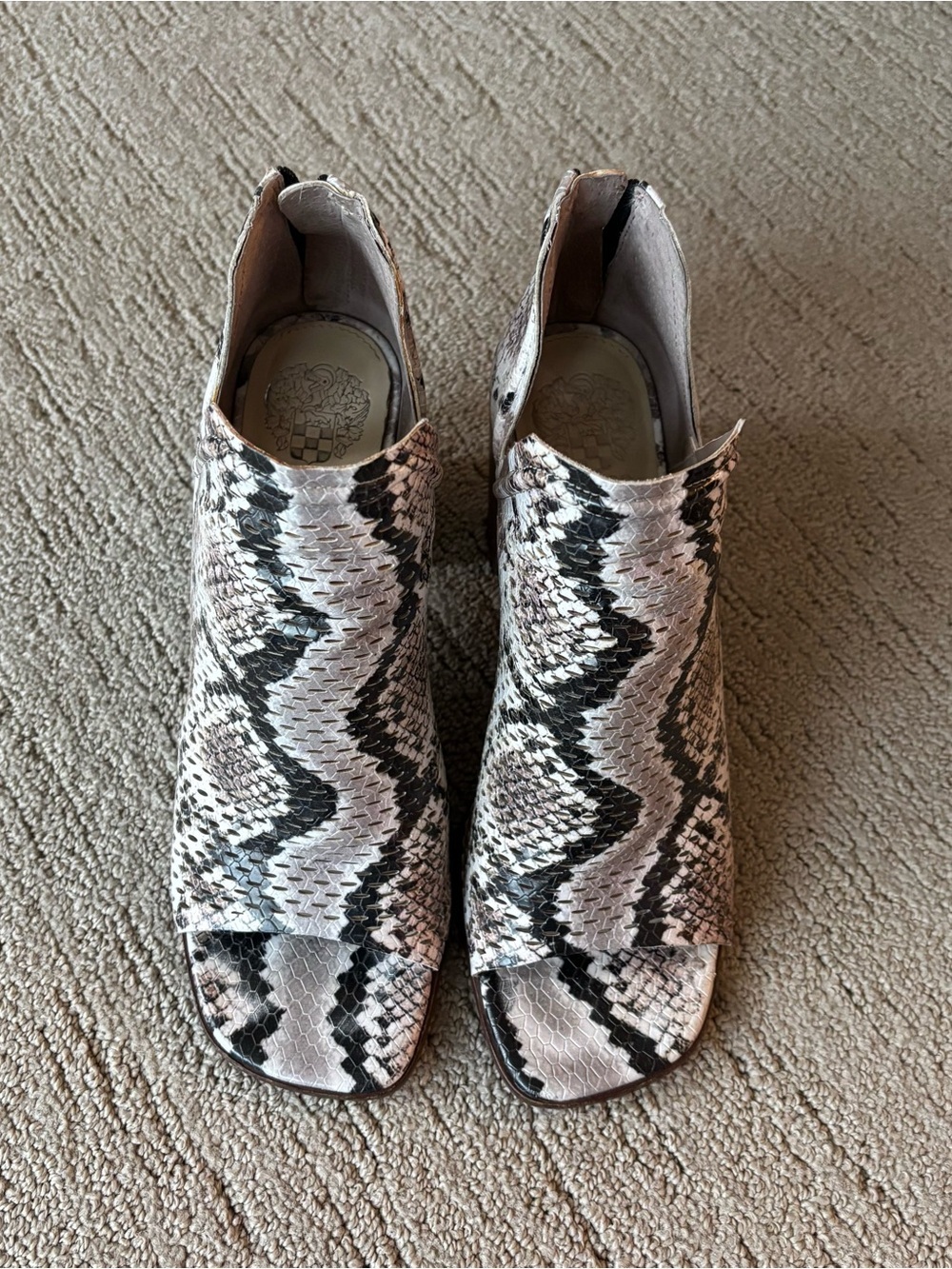 Vince Camuto Snake-Print Peep-Toe Mules in Black and White Sz 8